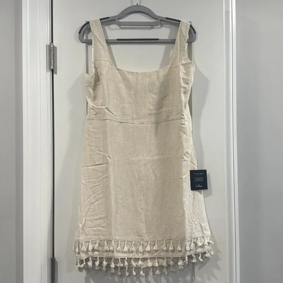 Chic Beige Cream Linen Pom Pom Women’s Midi Dress Lulu’s Boho Large - Picture 4 of 16
